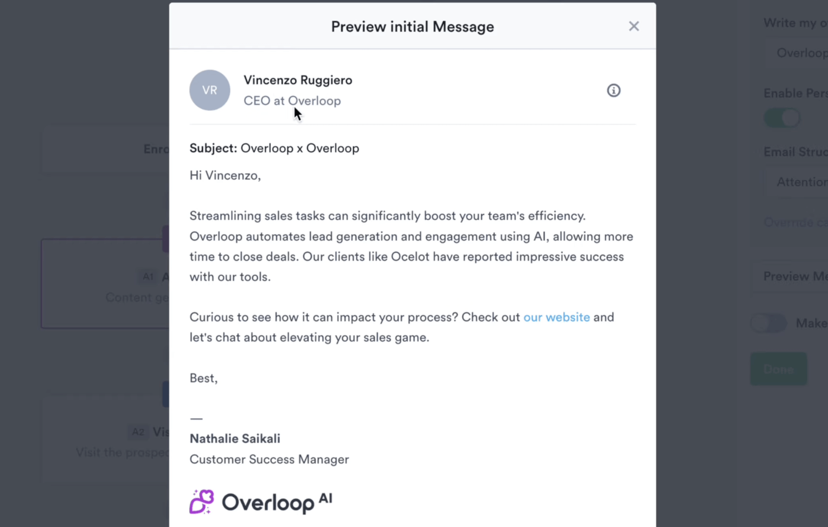 An example of a message written by Overloop's AI