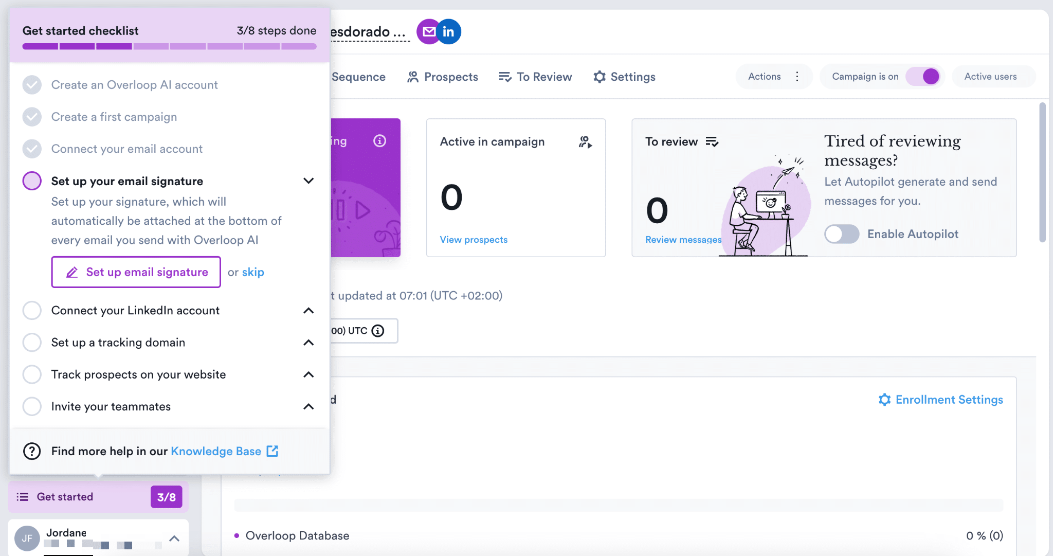 The initial setup of an Overloop account