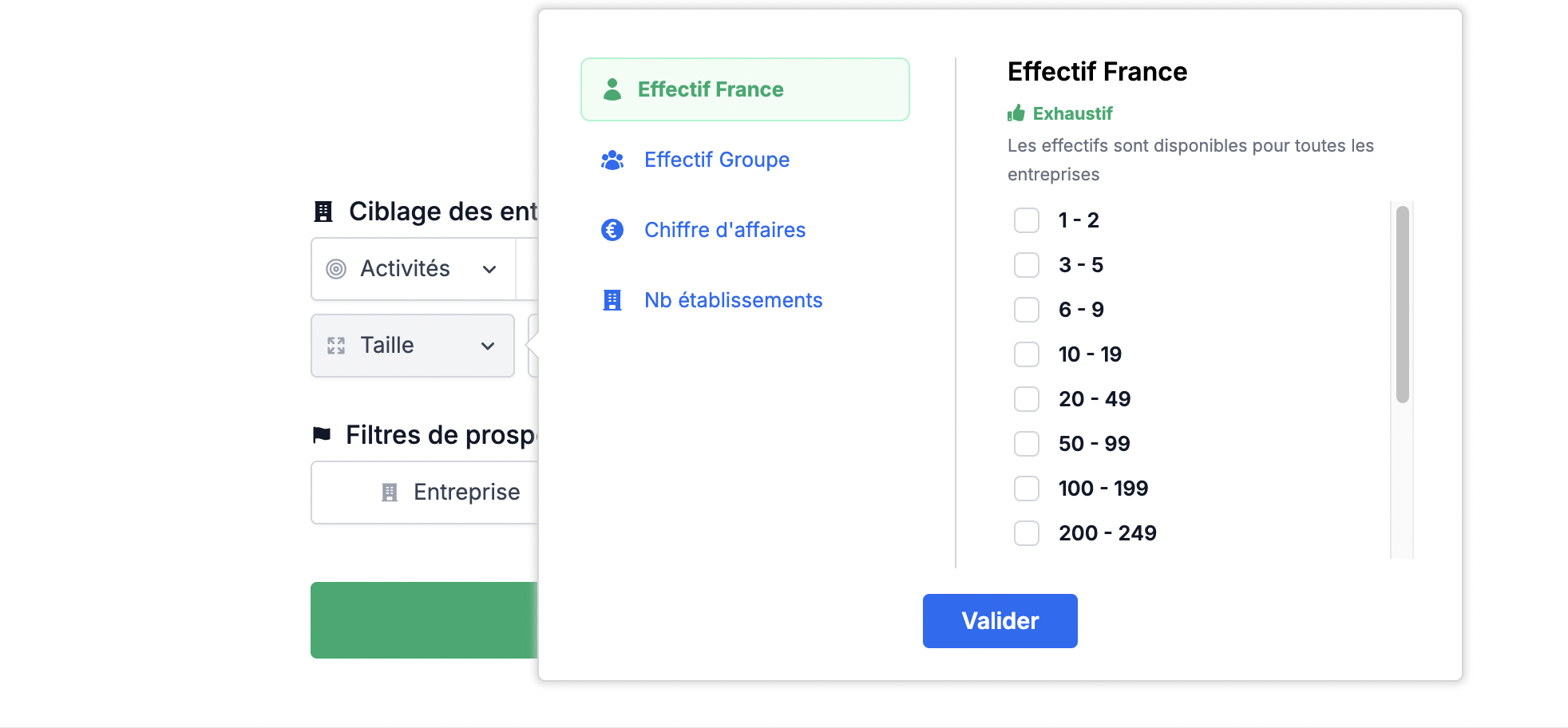 Le filtrage par taille d'entreprise dans Pharow : effectif France, effectif groupe, chiffre d'affaires, établissements