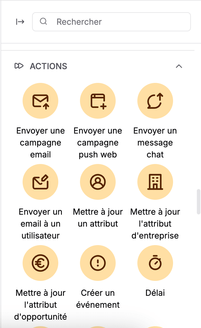 Conditions et actions disponibles entre deux étapes d'un scénario Positive User