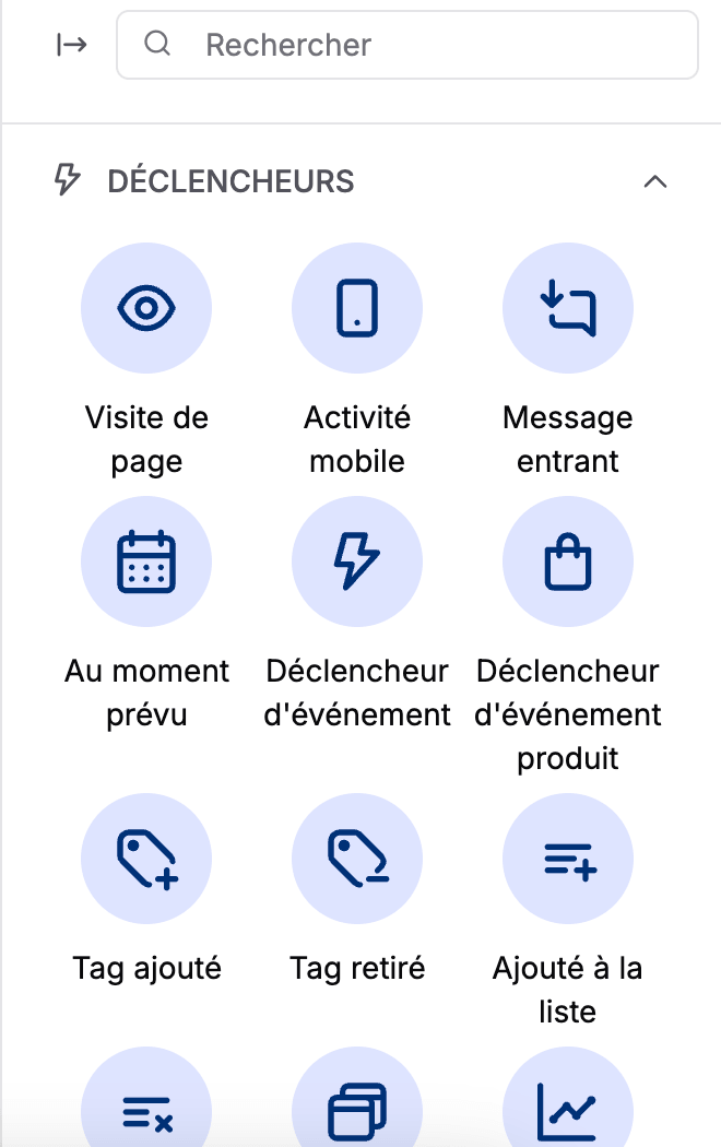 Liste des déclencheurs disponibles dans l'éditeur d'automatisation de Positive User