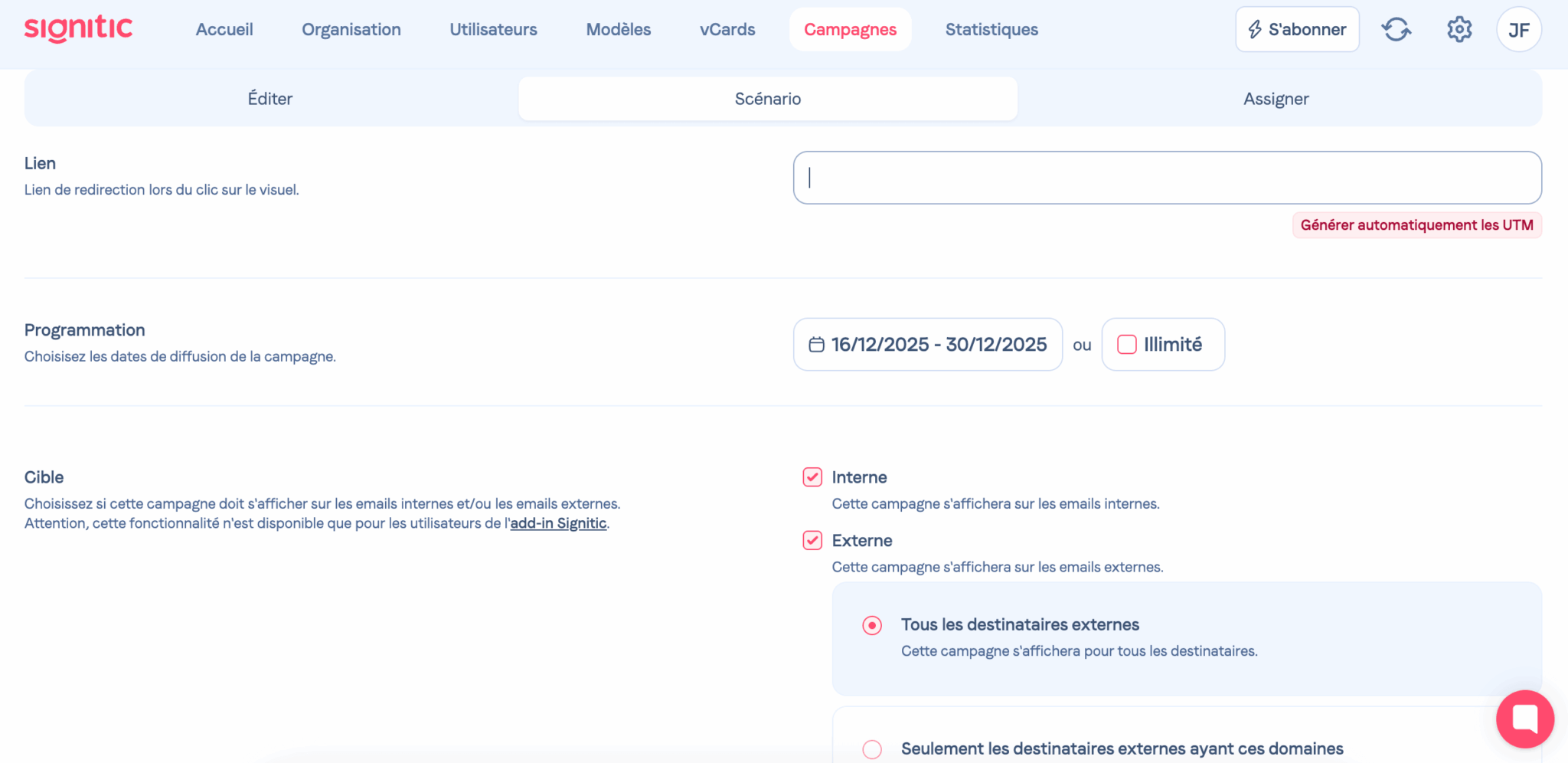La programación y la segmentación de una campaña de banner en Signitic
