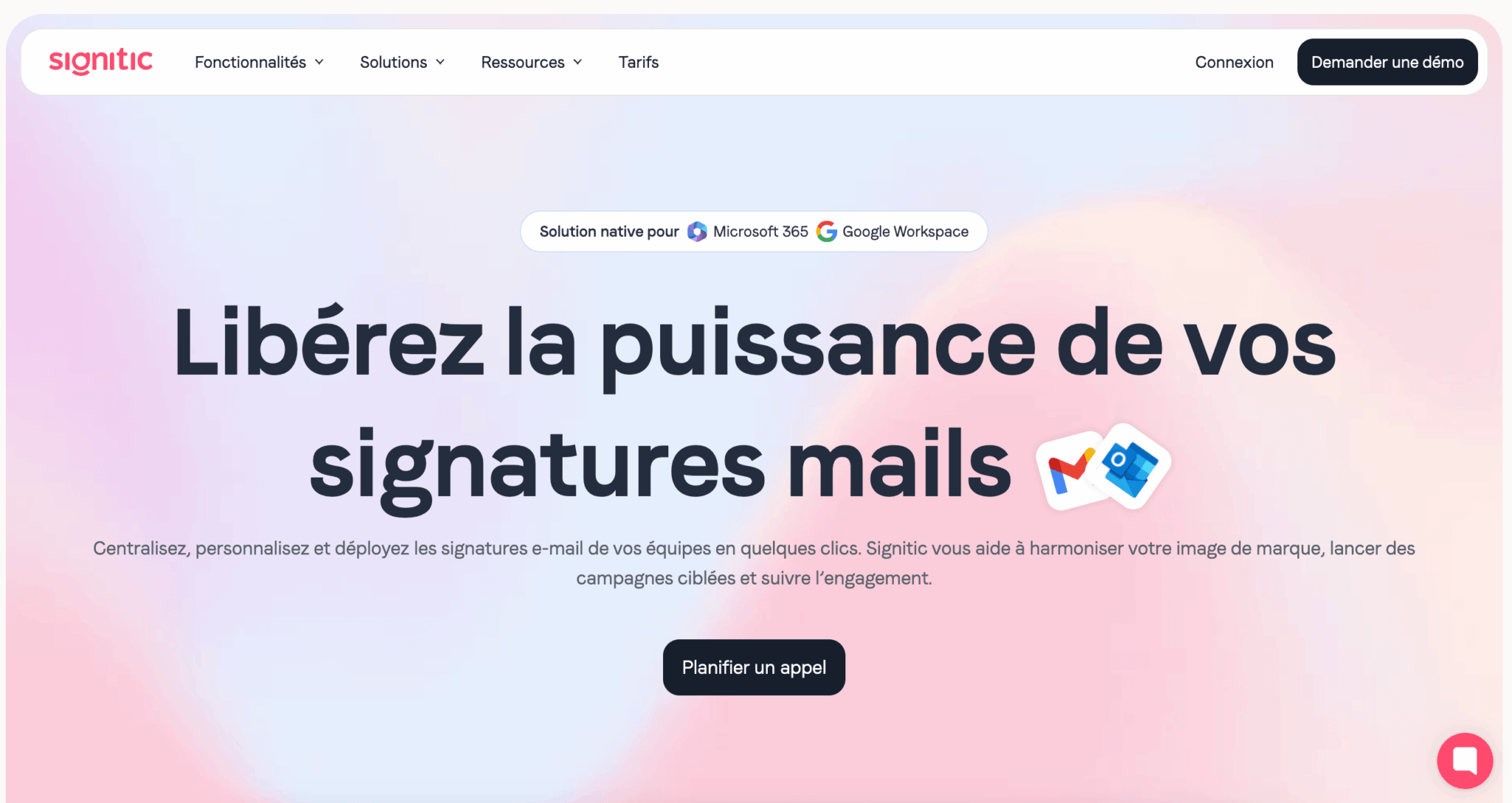 La página de inicio de Signitic, solución francesa de gestión de firmas de email