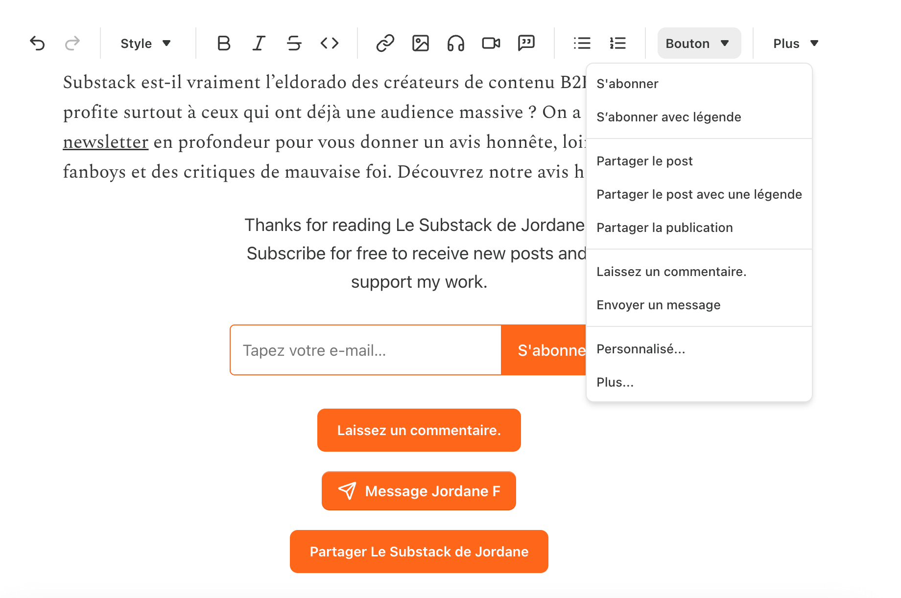 Ajout de boutons dans une publication Substack