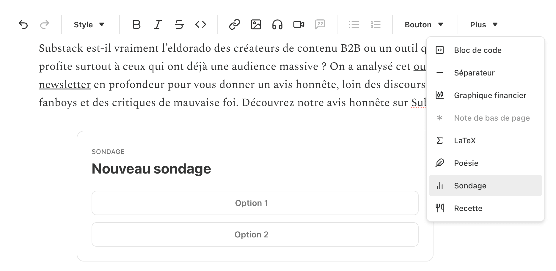 Éléments spéciaux insérables dans une publication Substack