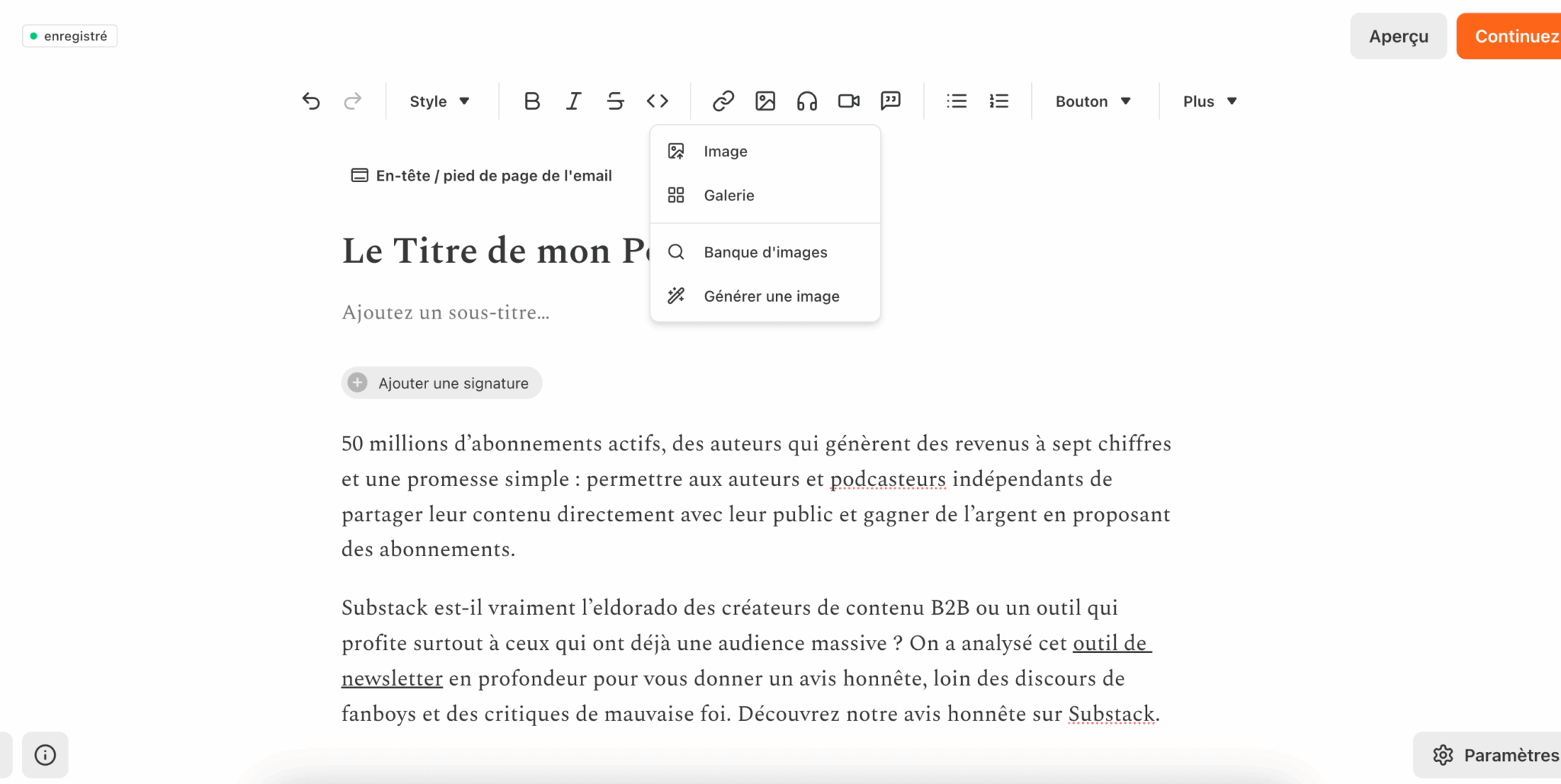 Ajout d'images dans l'éditeur Substack