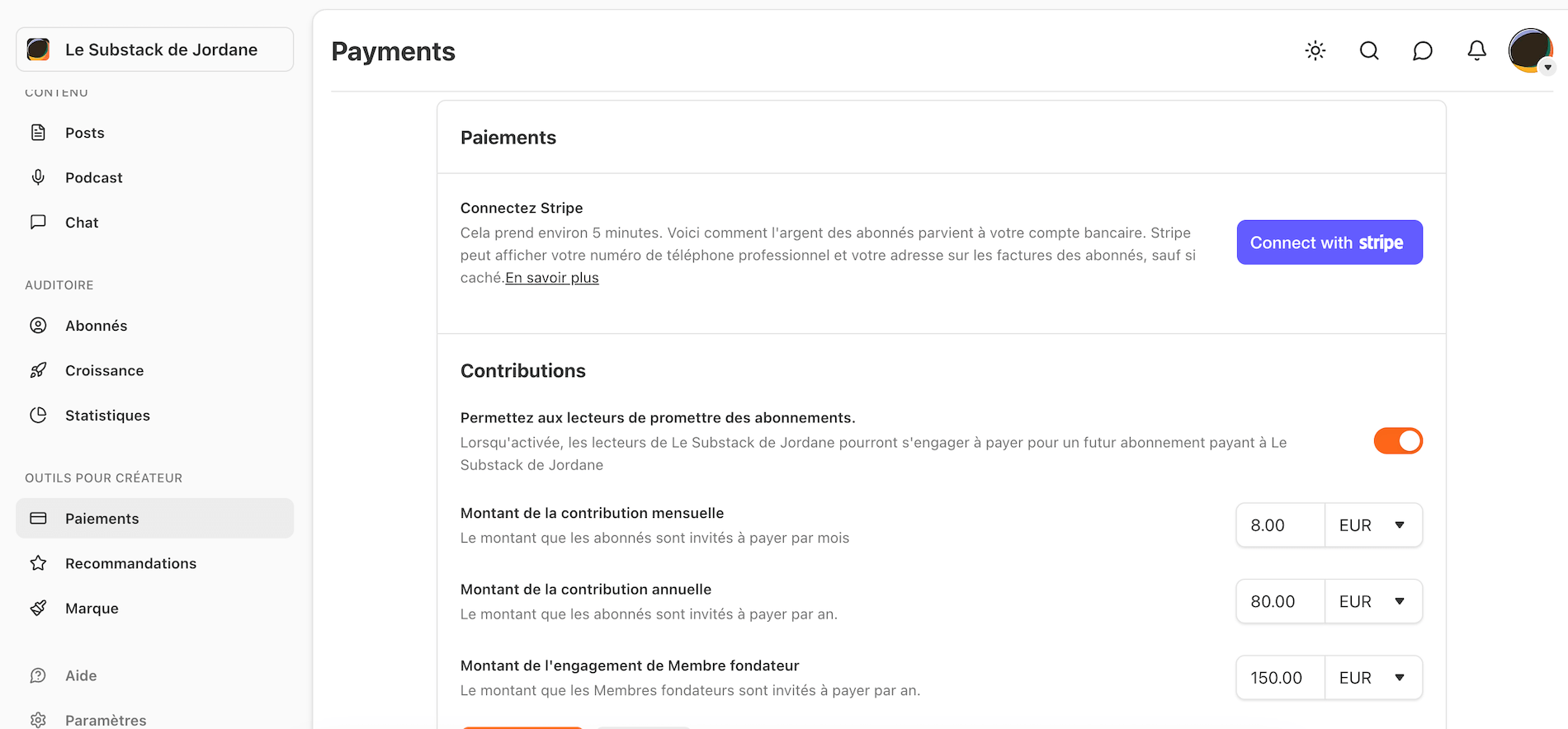Configuration des abonnements payants dans Substack