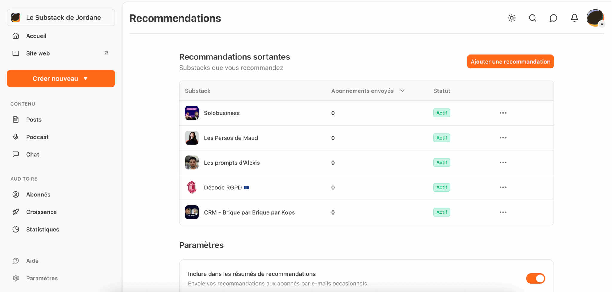 Réseau de recommandations entre publications Substack