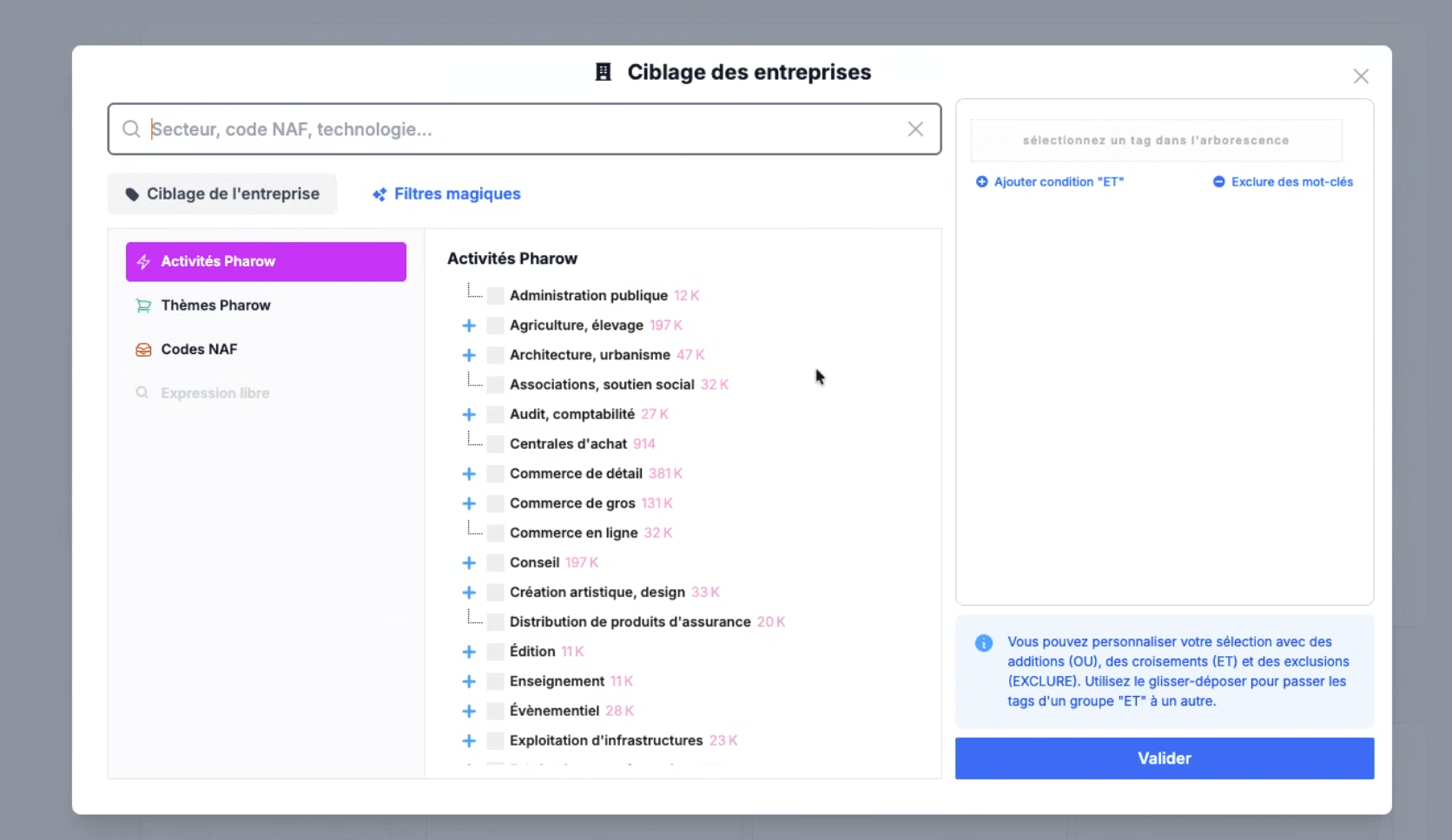 Le ciblage des entreprises par secteur dans Pharow : codes NAF, Activités Pharow et Thèmes Pharow