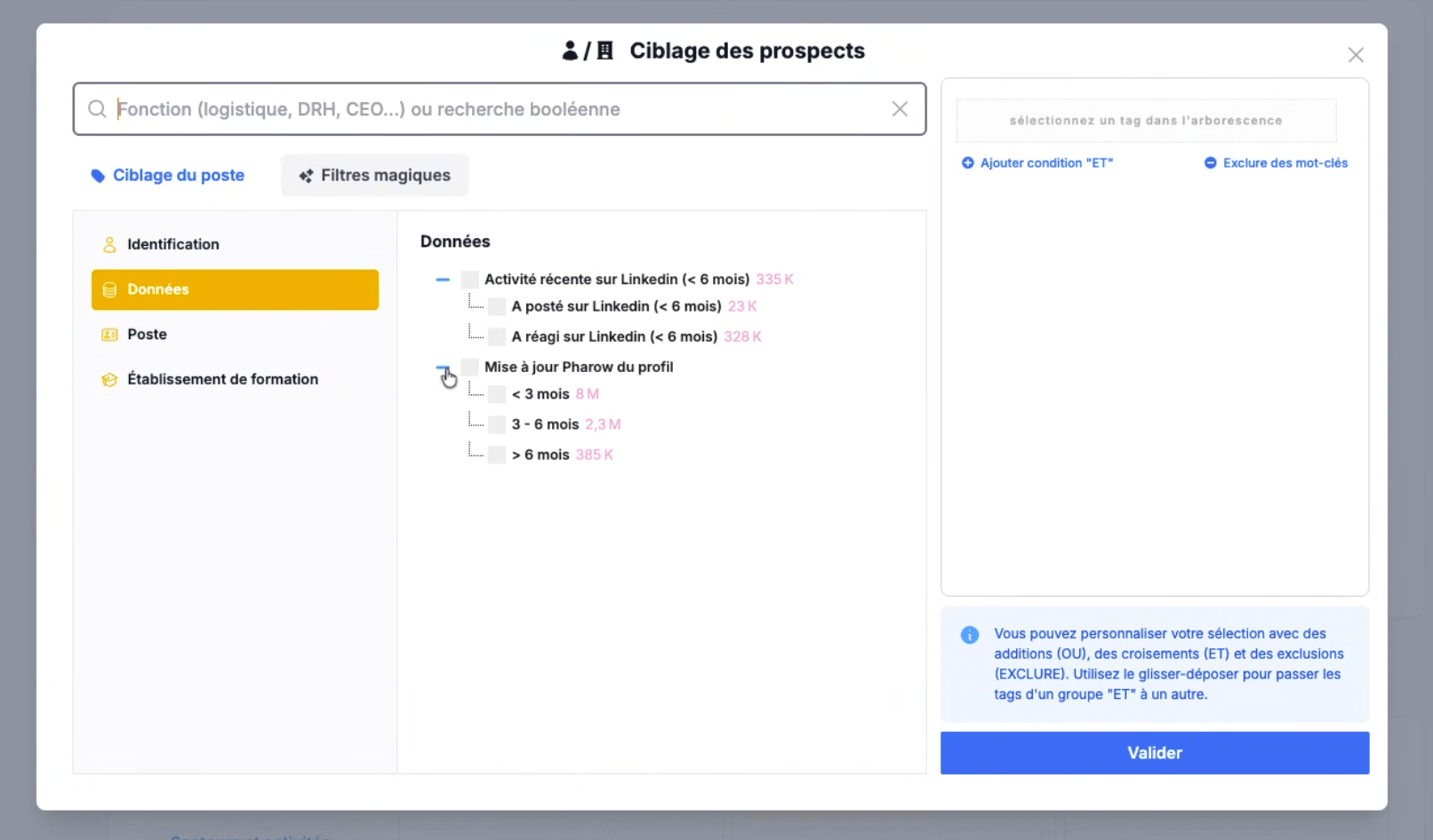 Le filtre magique d'activité LinkedIn récente sur les prospects dans Pharow