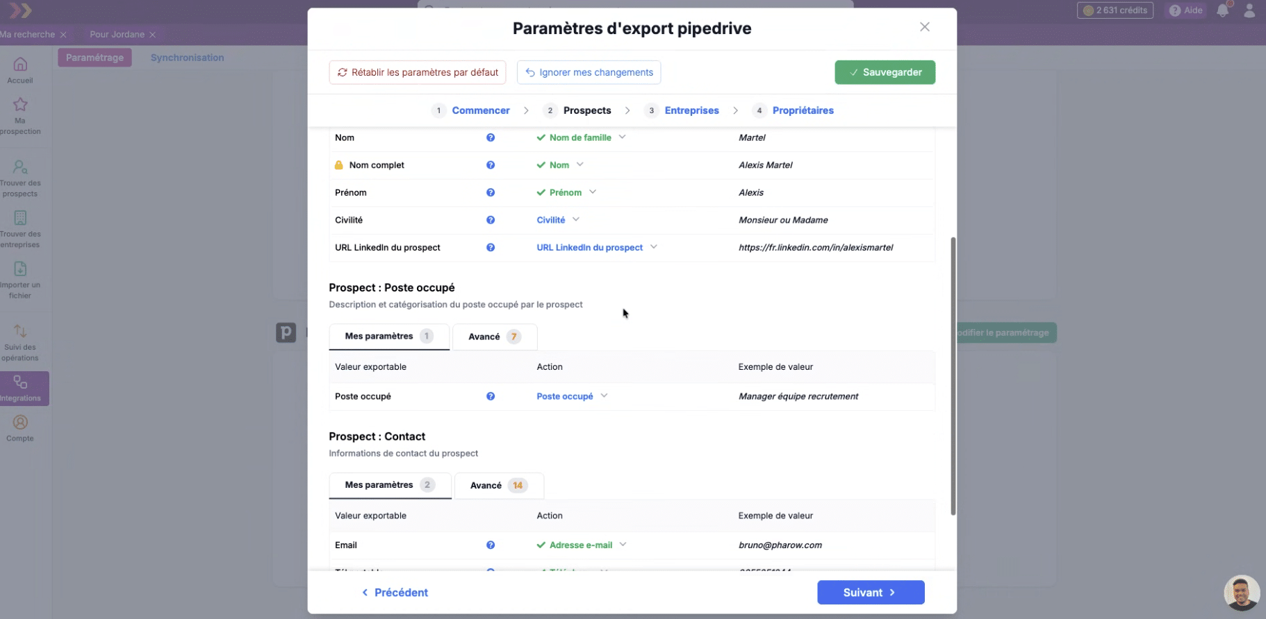 Le mapping champ par champ d'un export Pharow vers Pipedrive