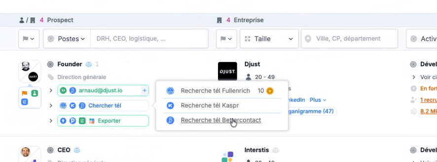 Le menu « Chercher tél » d'une fiche prospect Pharow : FullEnrich, Kaspr ou BetterContact