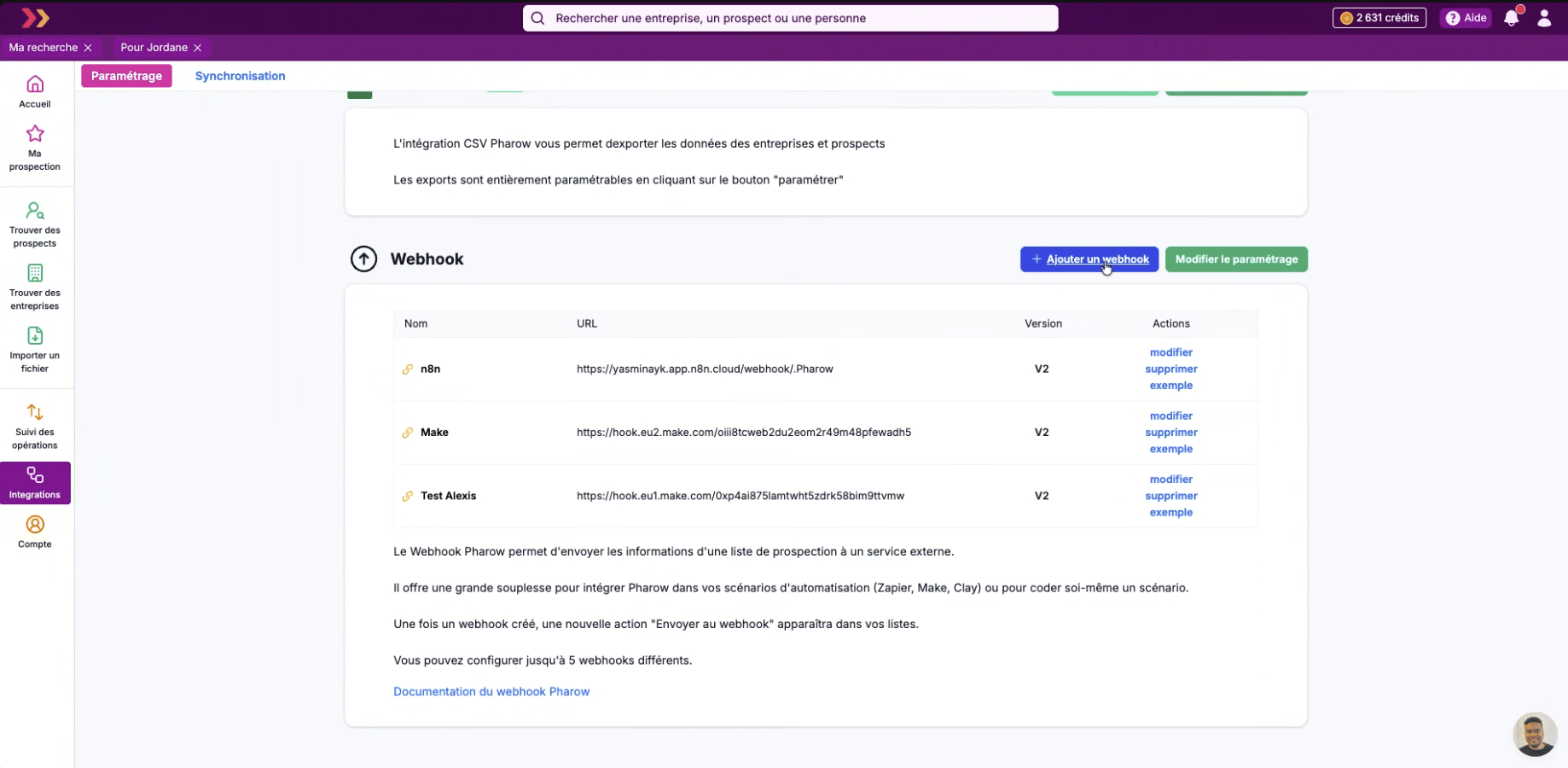 La configuration d'un webhook dans Pharow