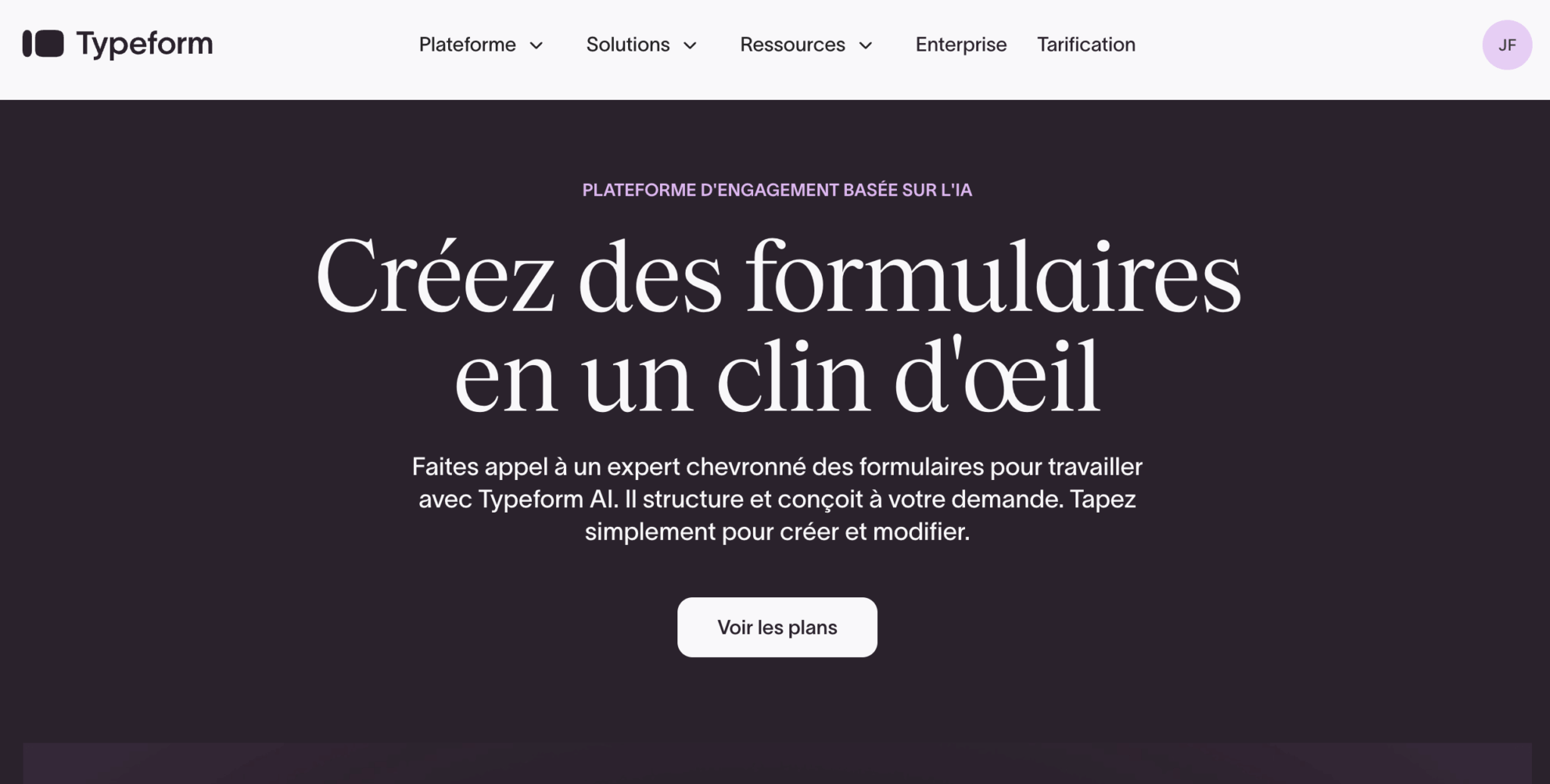 Page d'accueil de Typeform