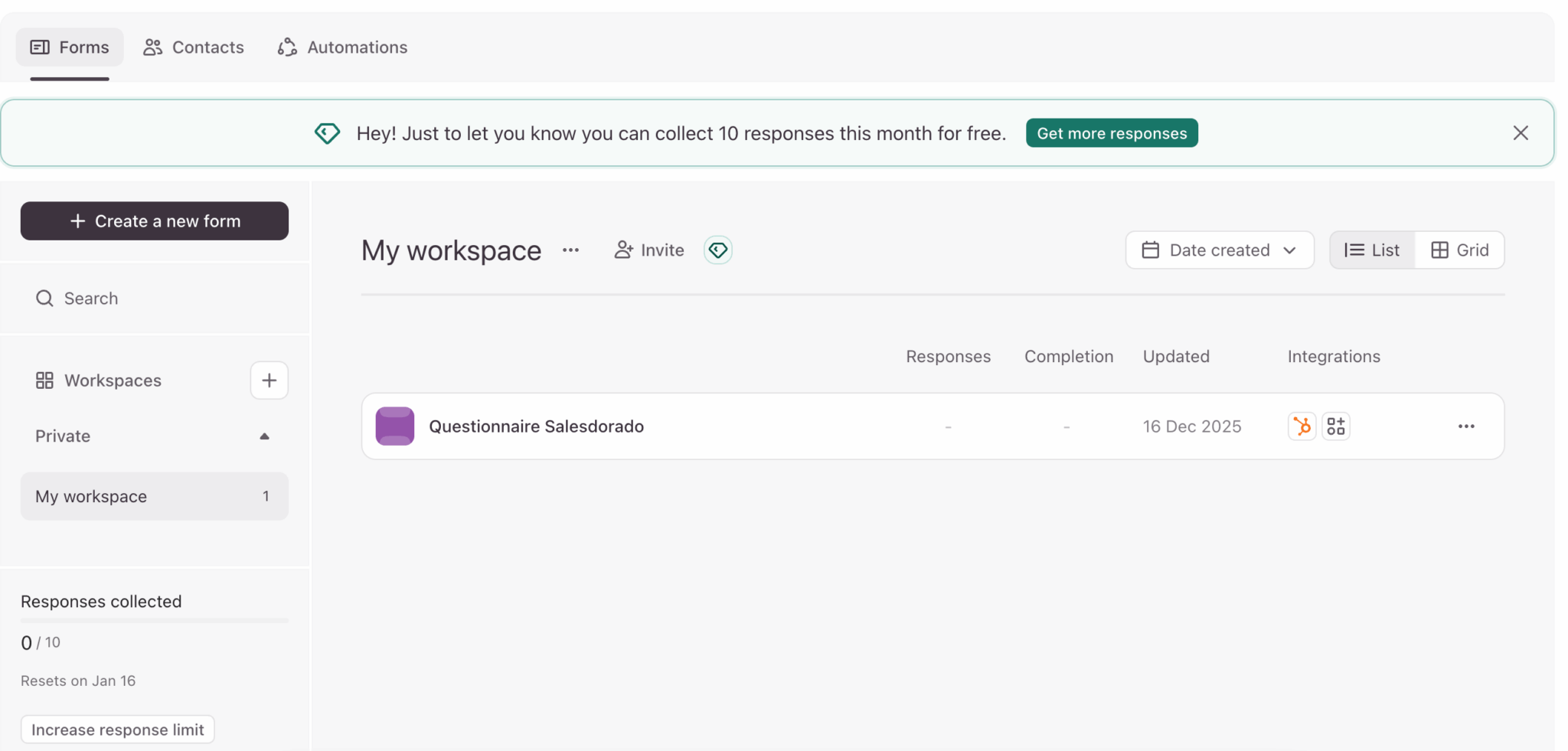 Tableau de bord listant les formulaires dans Typeform