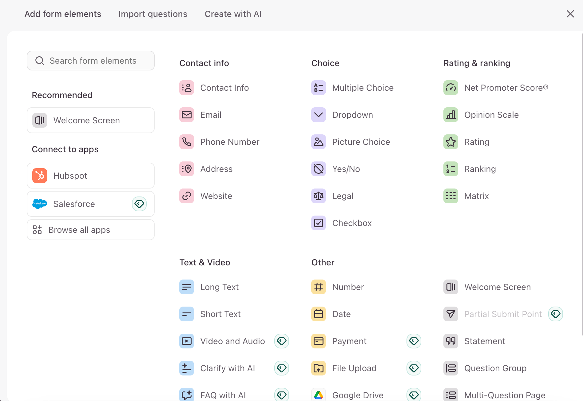 Les types de questions disponibles dans Typeform