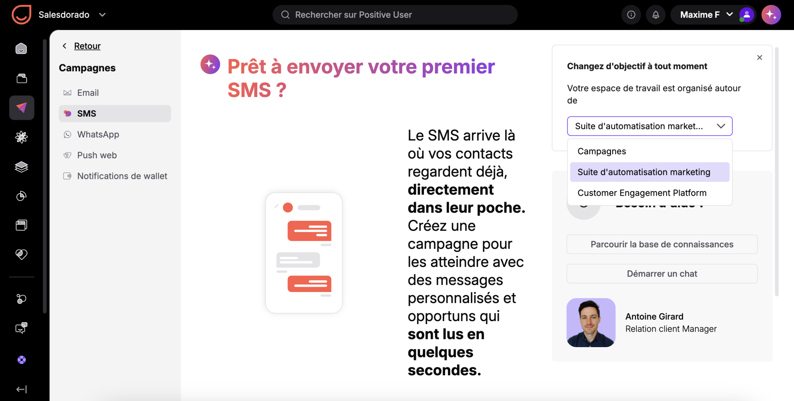 Positive User campagnes SMS et sélection de l'espace de travail