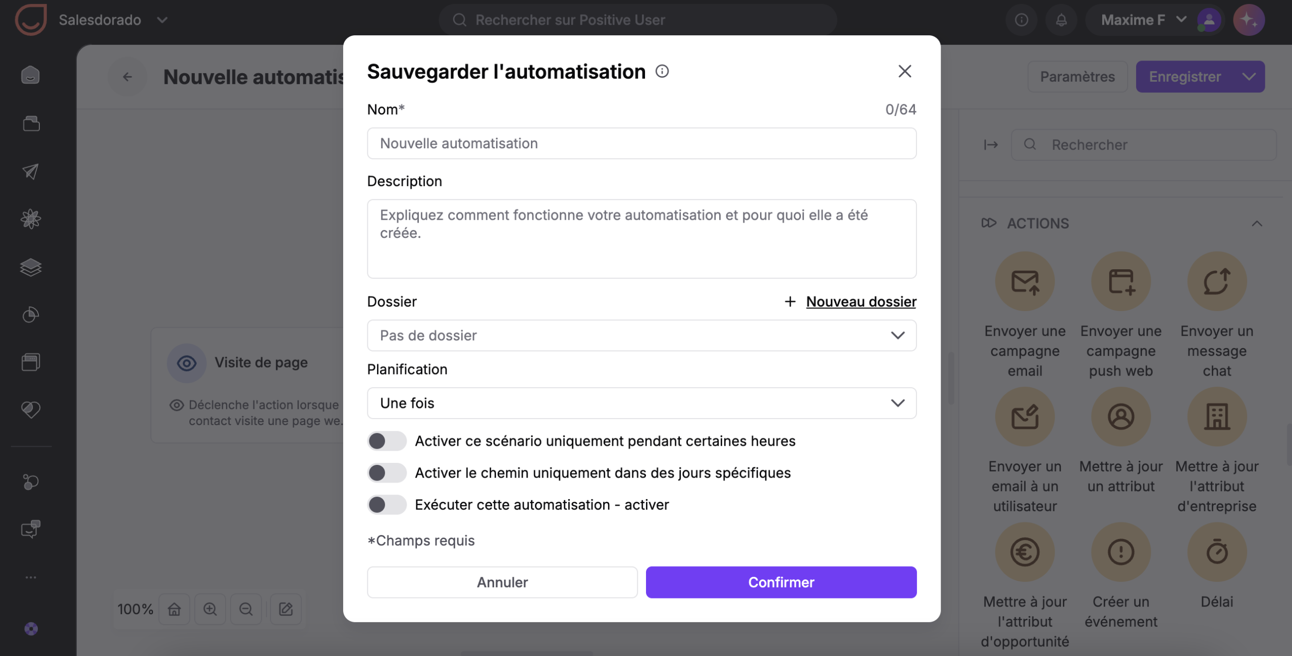 Paramétrage d'un scénario d'automatisation dans Positive User
