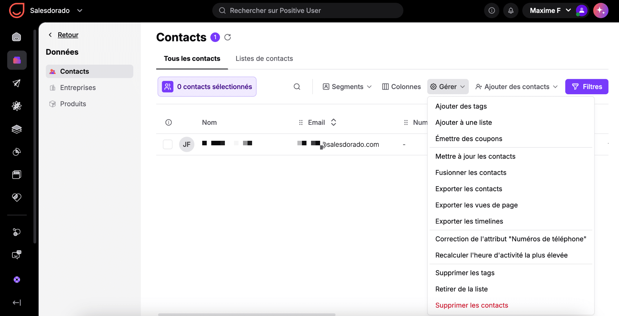 Gestion des contacts et des listes dans Positive User