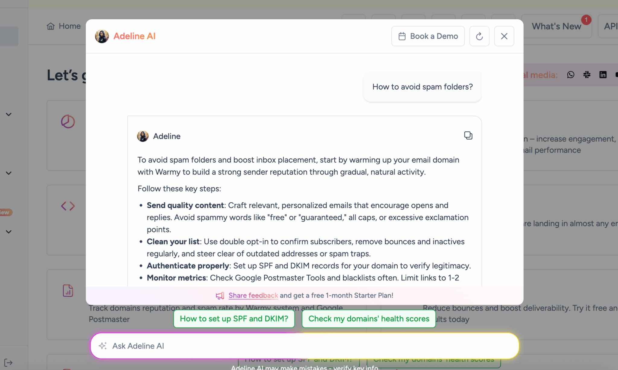 L'assistant Adeline AI de Warmy répond à une question sur la façon d'éviter les dossiers spam