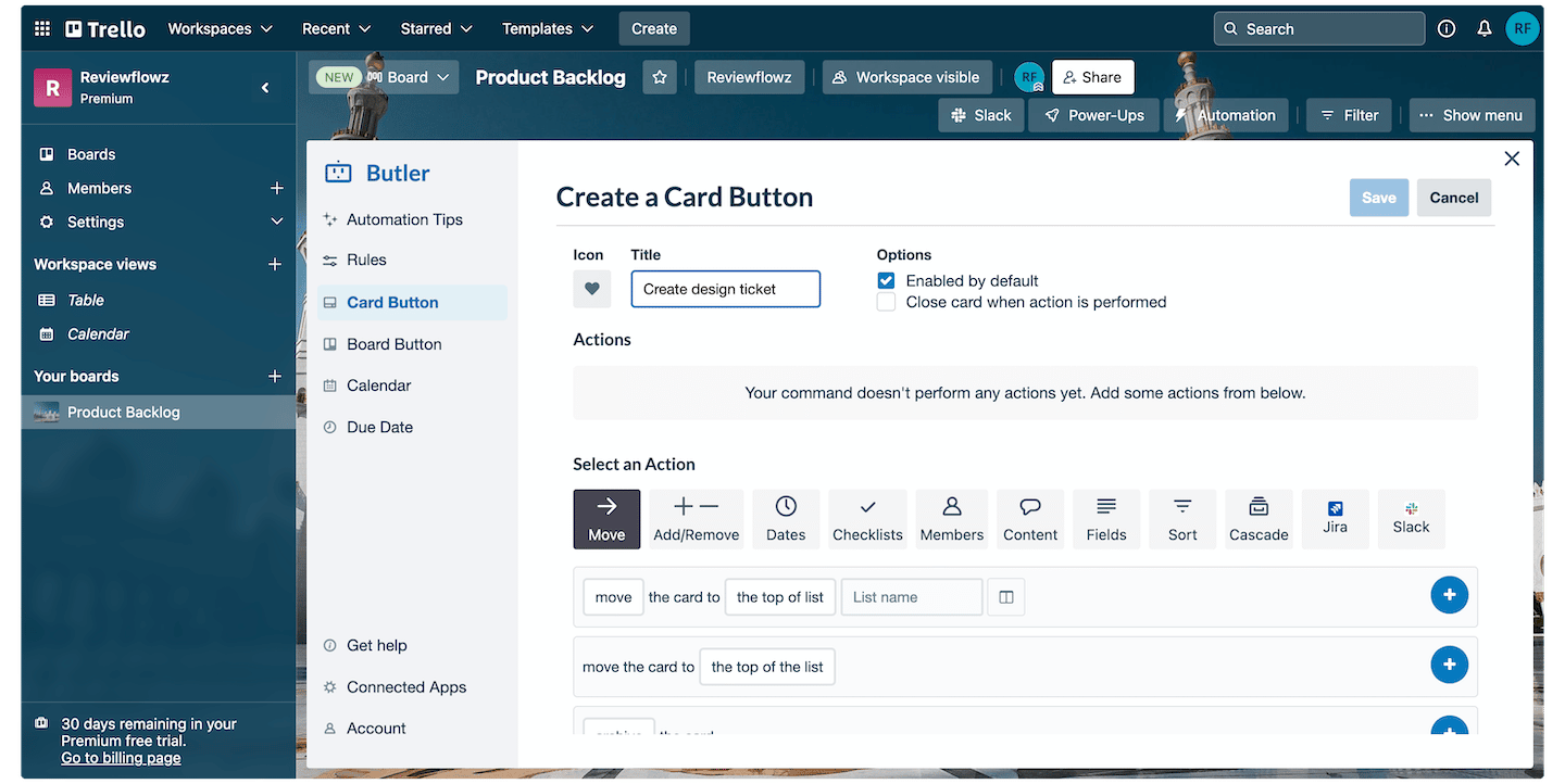 Un bouton d'automatisation Butler dans Trello