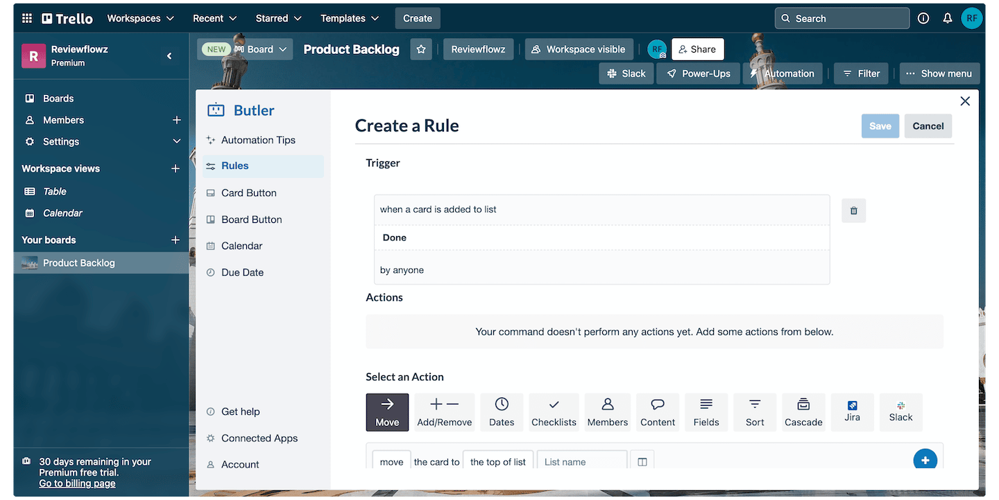 La création d'une règle Butler dans Trello