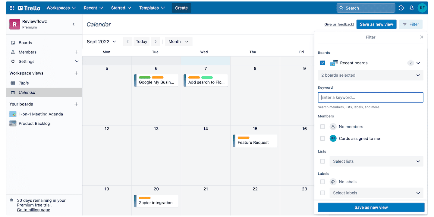 La vue calendrier de Trello