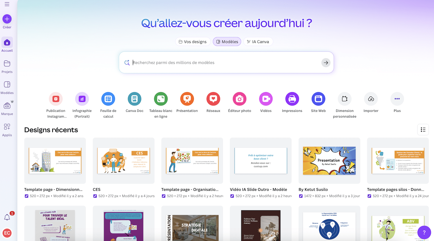 La interfaz de inicio de Canva y sus distintos formatos de creación