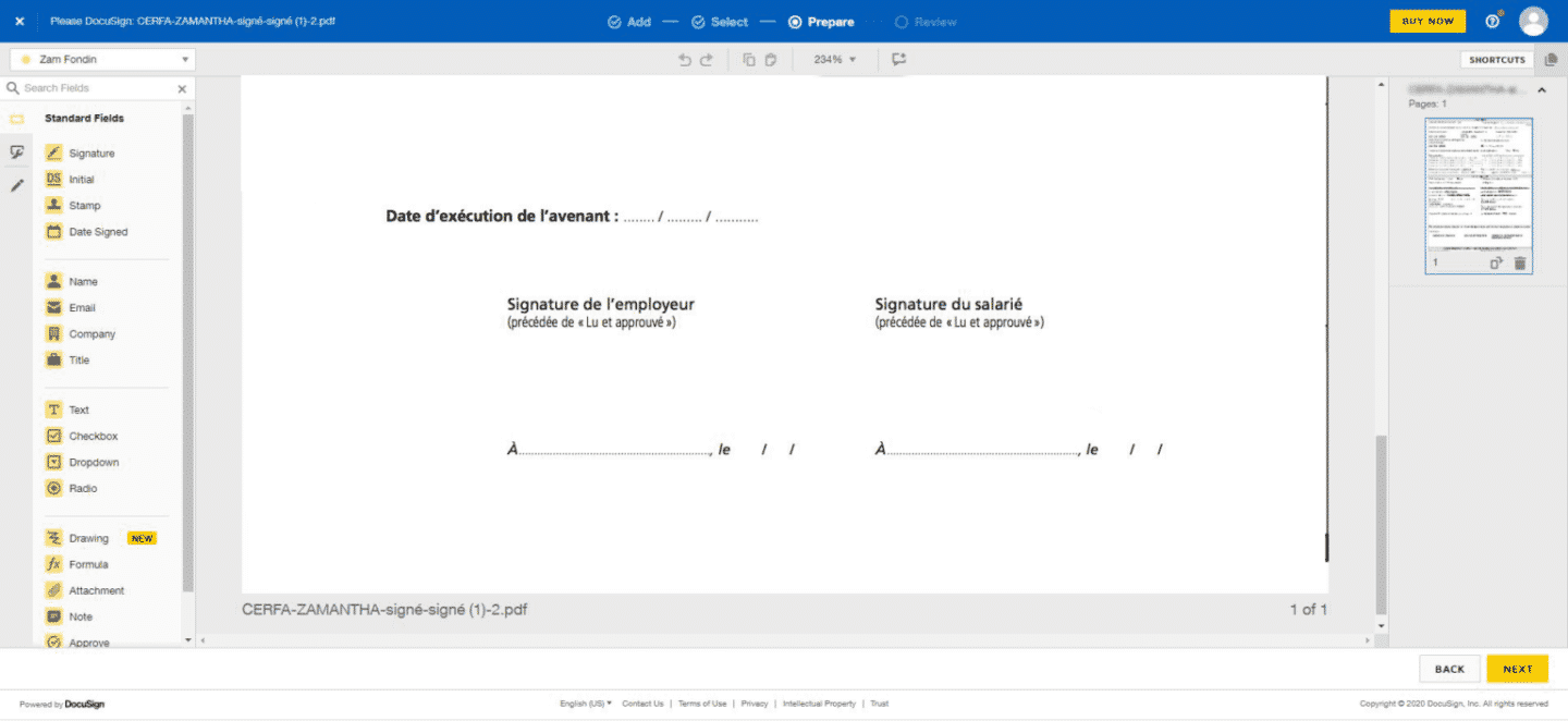 screenshot de la signature de document avec docusign