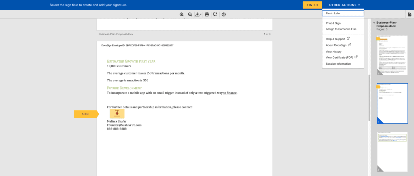 screenshot de la signature de document avec docusign