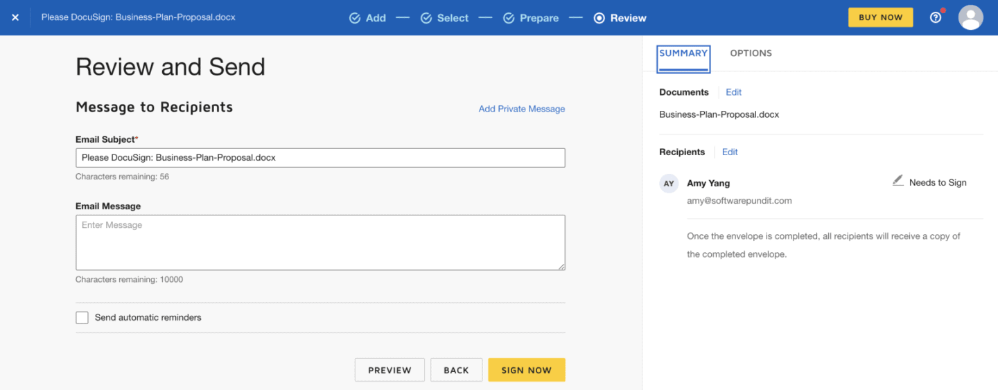 screenshot de l'envoi de documents sur docusign