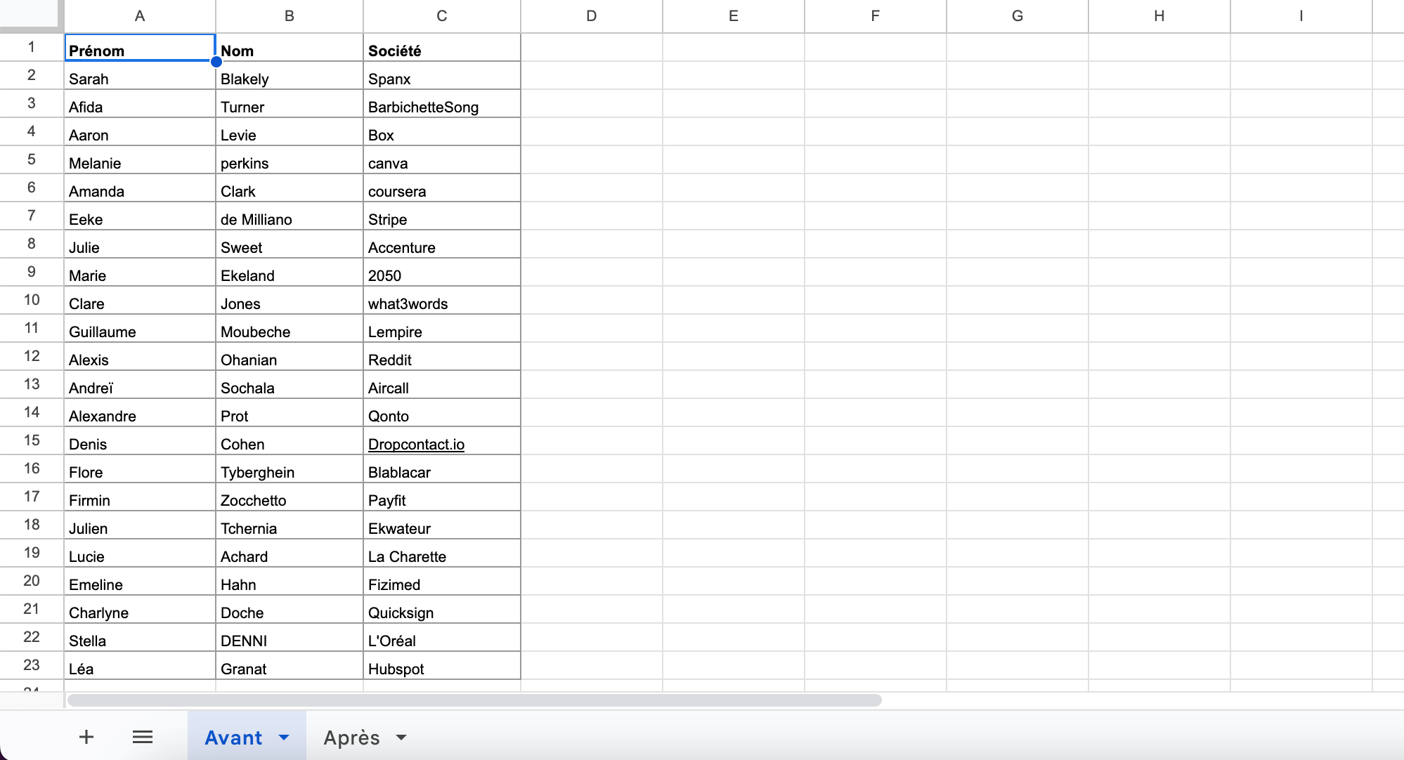 Fichier de contacts avant enrichissement Dropcontact, limité au prénom, au nom et au site web