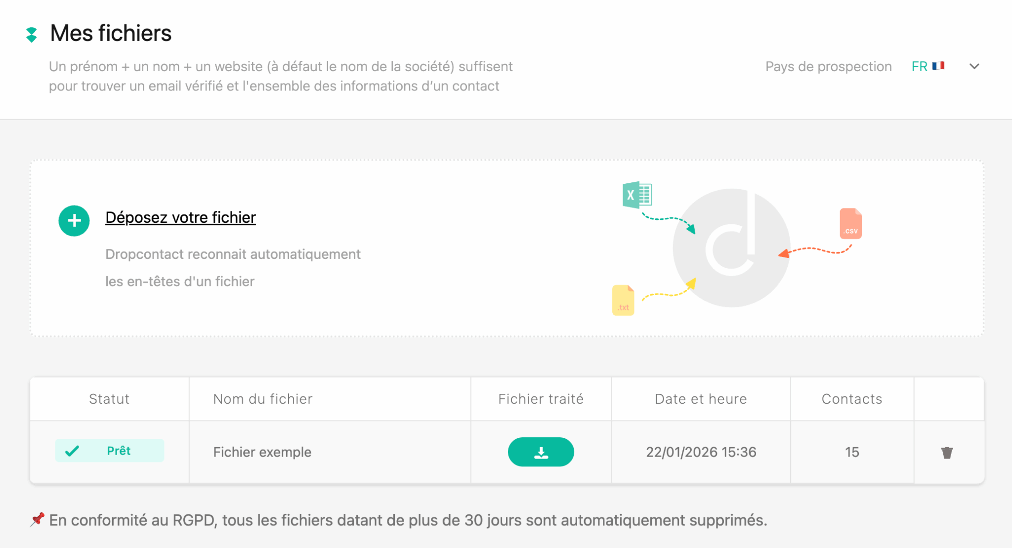 Écran de dépôt de fichier dans Dropcontact, avec le mapping des colonnes prénom, nom et site web
