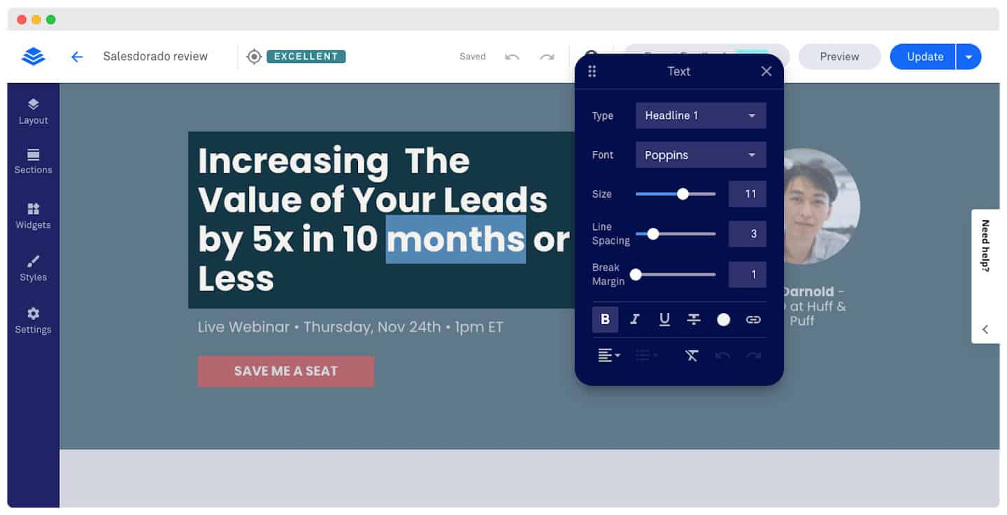 Les commandes de personnalisation d'un élément dans l'éditeur Leadpages