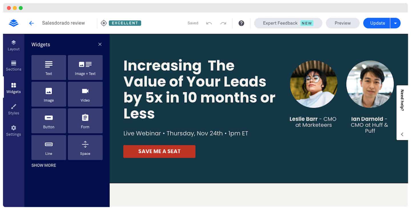 L'éditeur de landing pages de Leadpages