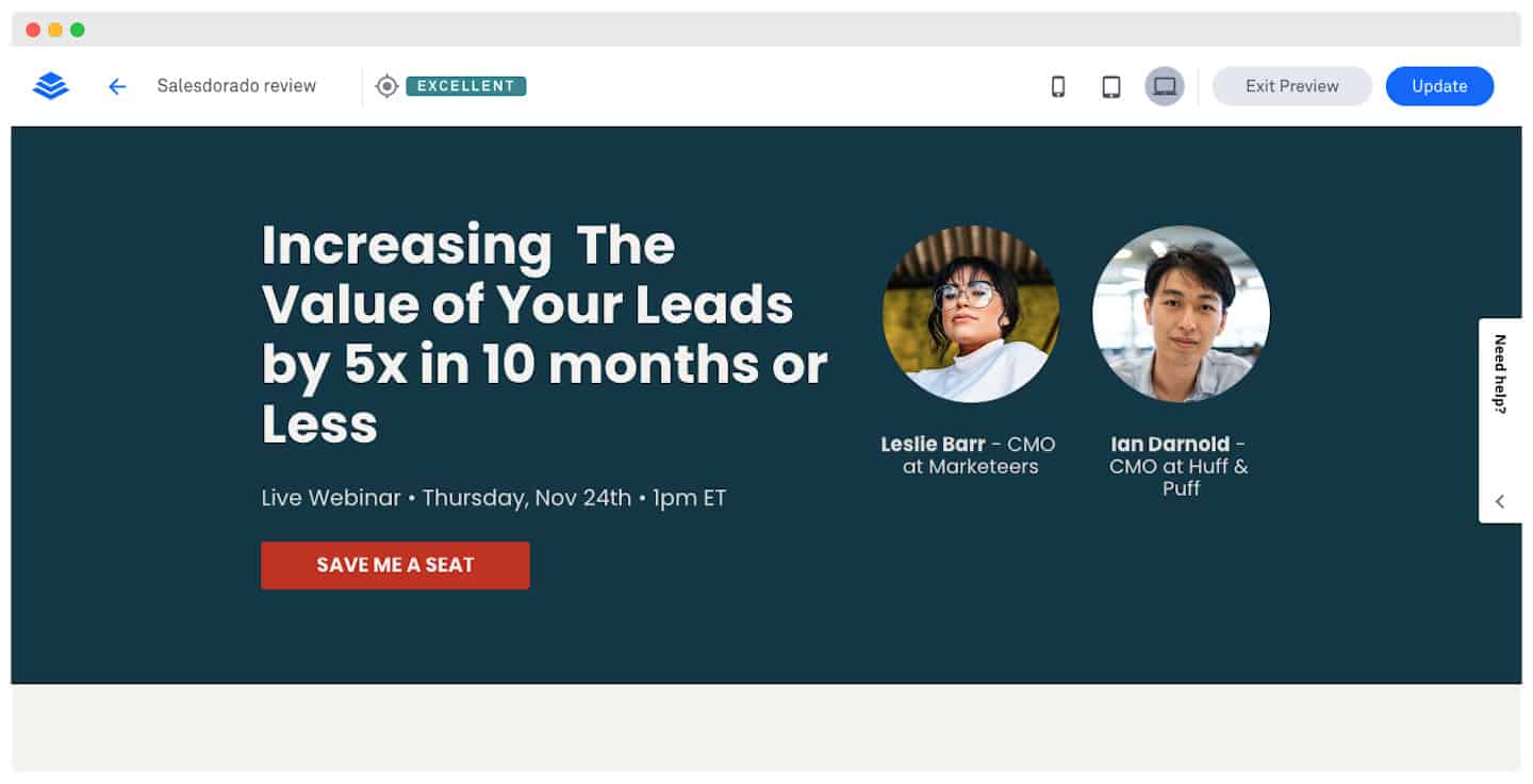 Le Leadmeter et l'aperçu WYSIWYG dans l'éditeur Leadpages