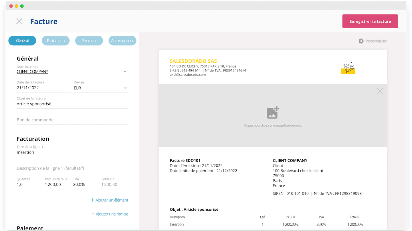 L'éditeur de factures de Magniv Pro