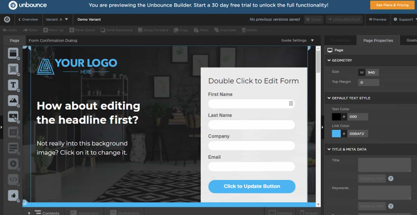 L'éditeur de landing pages drag-and-drop d'Unbounce