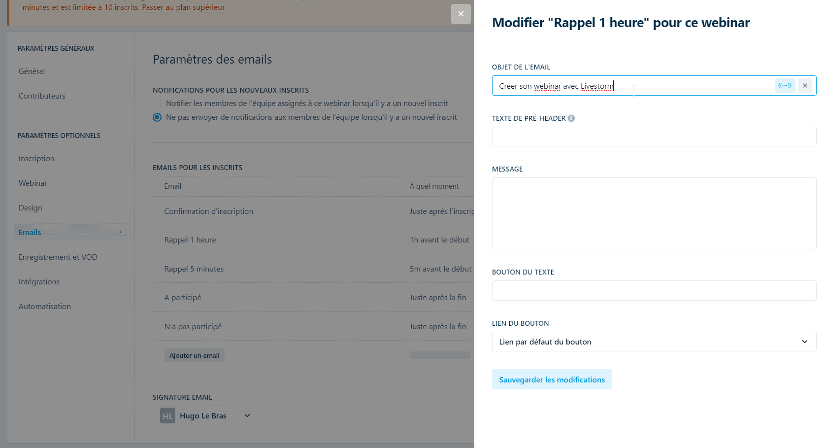 La modification du contenu d'un email de rappel dans Livestorm