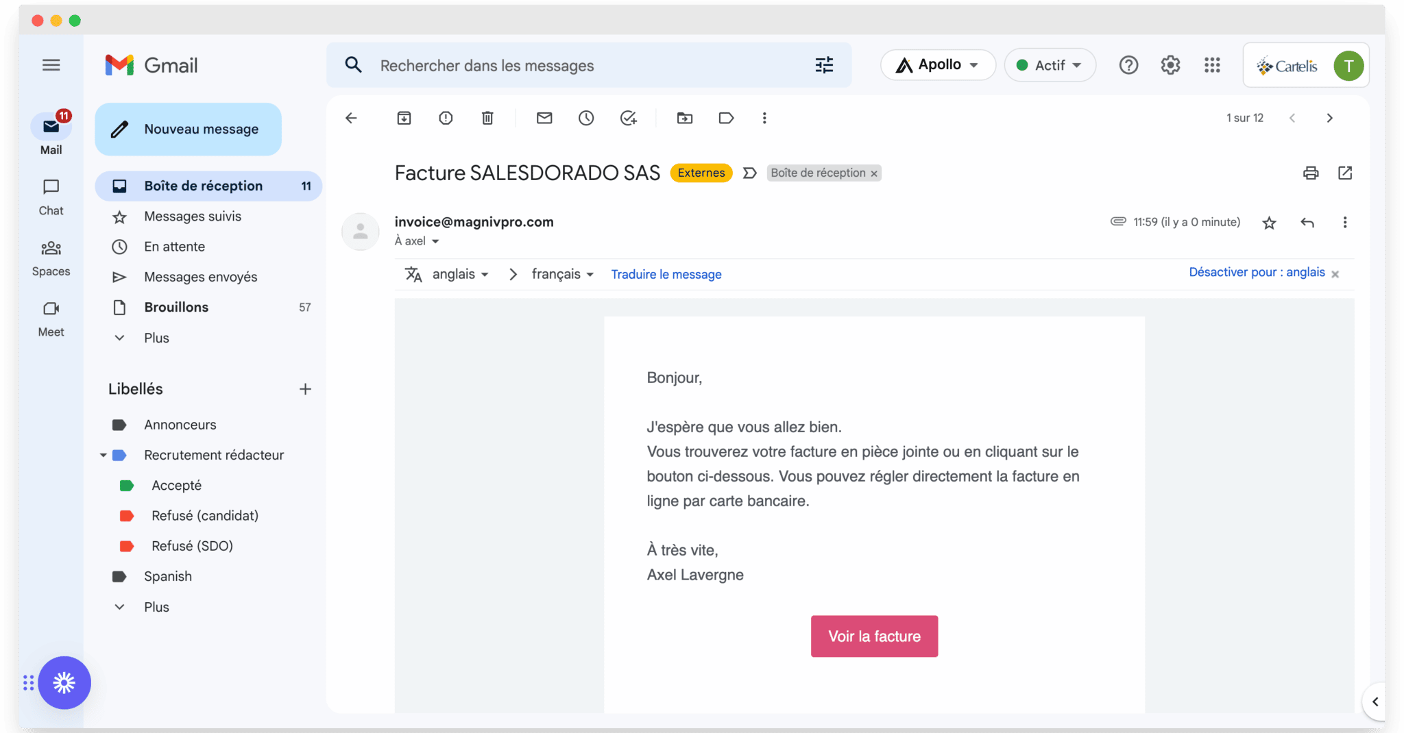 L'email de facture reçu par le client
