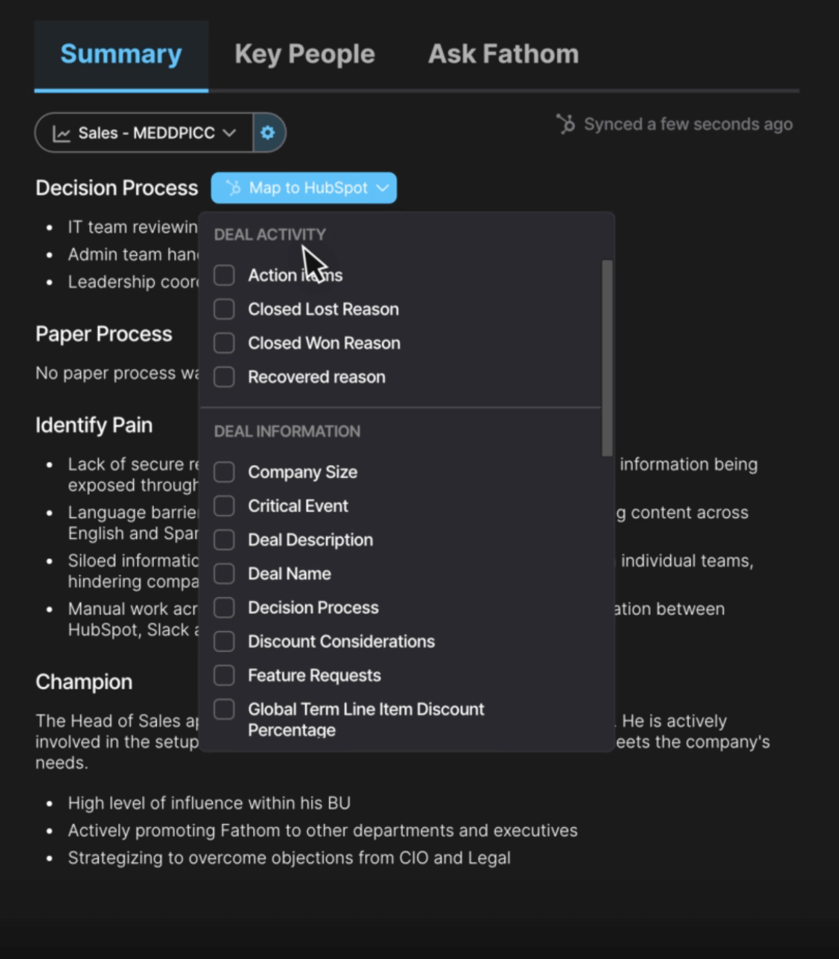 Synchronisation CRM de Fathom AI avec HubSpot et Salesforce