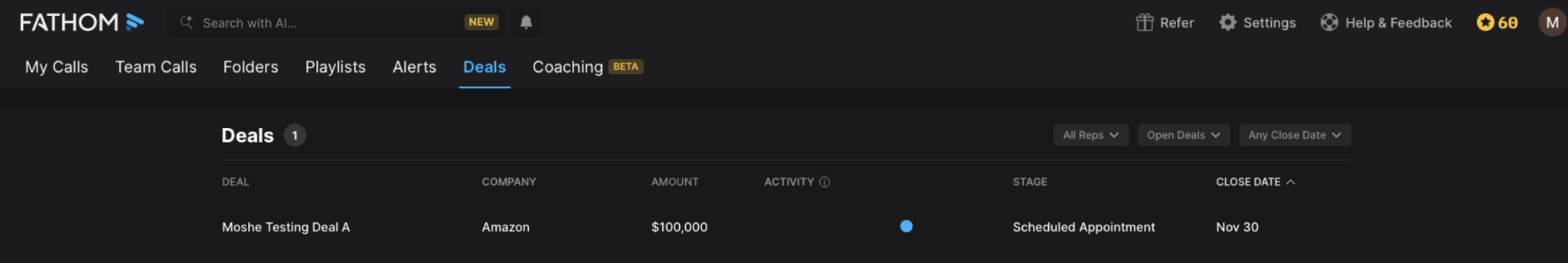 Vue consolidée d'une opportunité dans le Deal View de Fathom