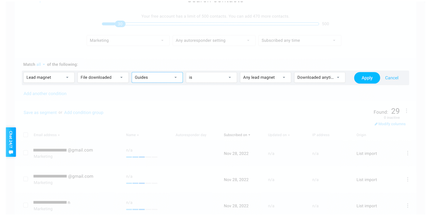 Écran de segmentation des contacts de GetResponse, avec les conditions de segment