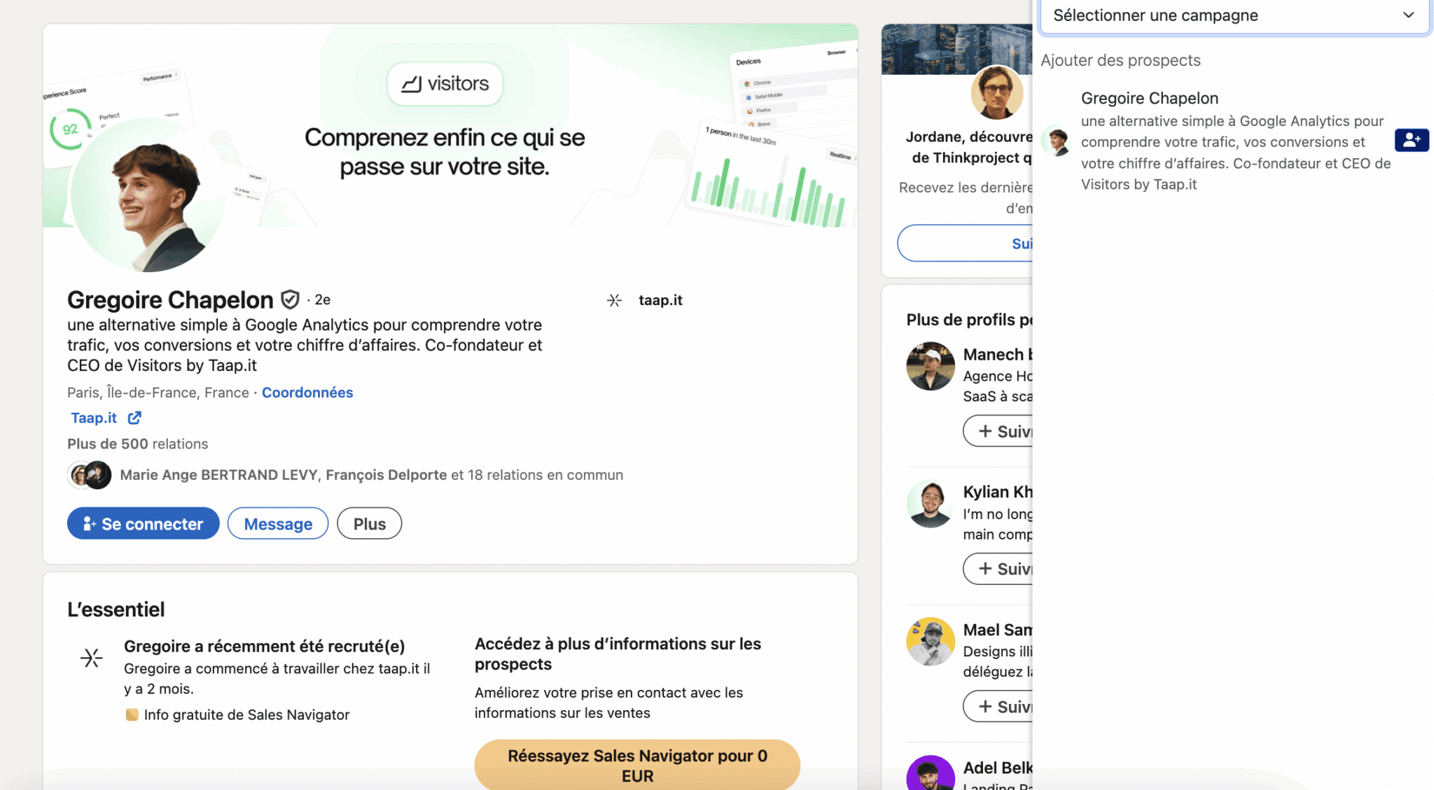 Extensión de Chrome de Jova en un perfil de LinkedIn