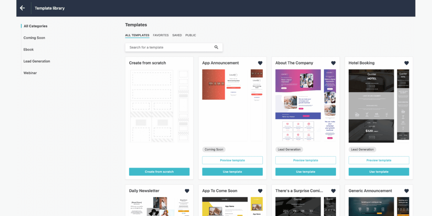 Modèles de landing pages disponibles dans Moosend