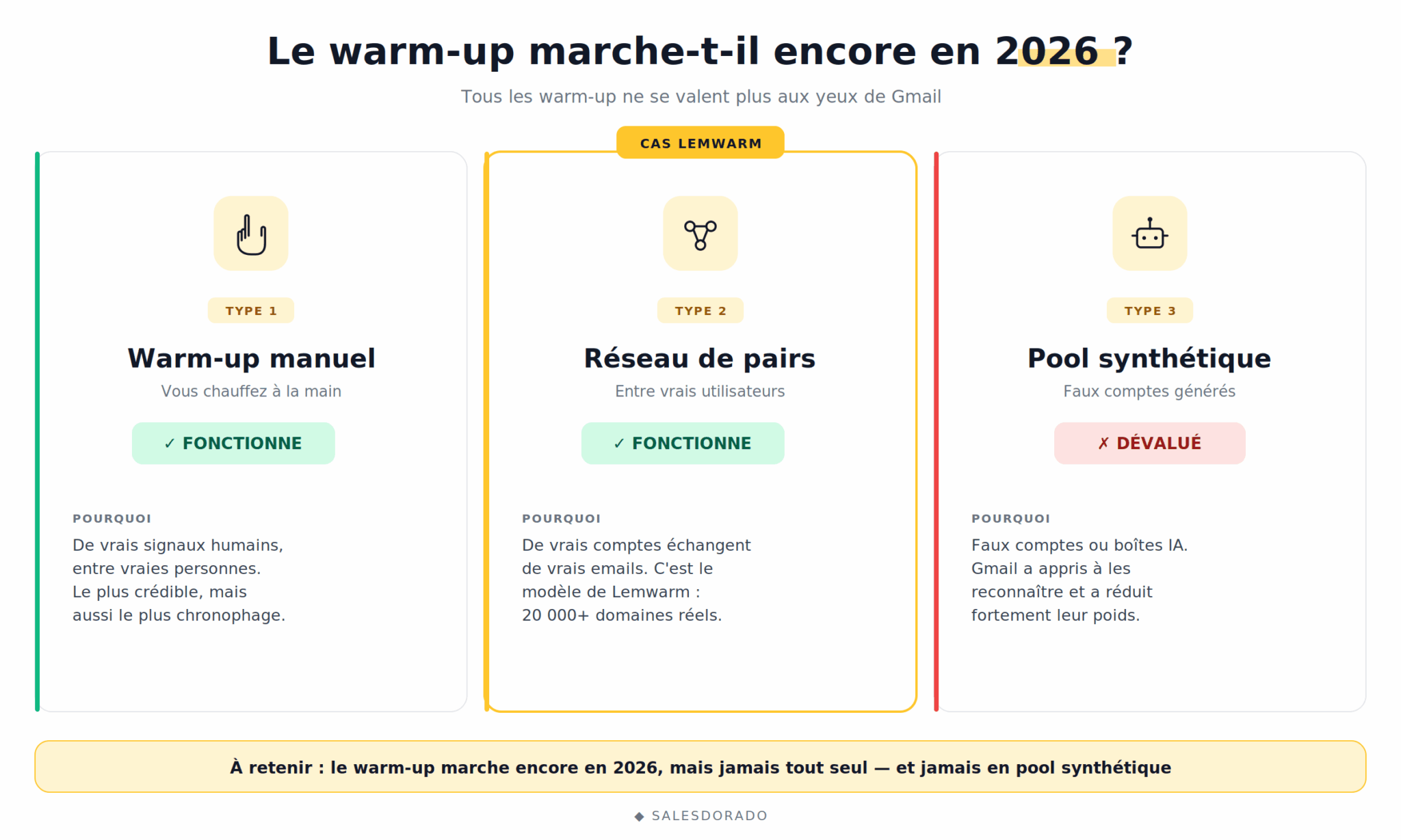 Les trois types de warm-up en 2026 : le warm-up manuel et le réseau de pairs fonctionnent, le pool synthétique est dévalué