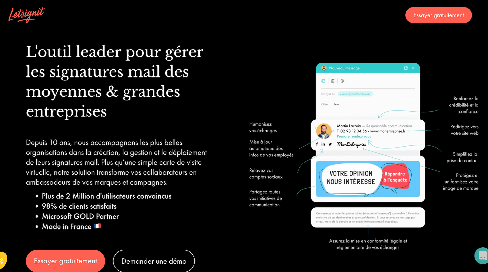 La página de inicio de Letsignit, competidor de Signitic