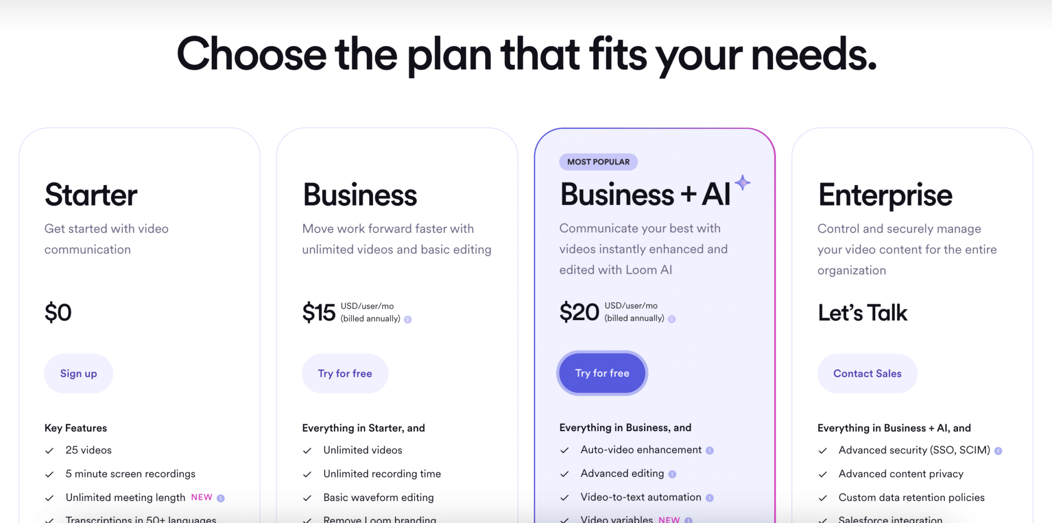 Grille tarifaire de Loom, avec les plans Starter, Business et Enterprise