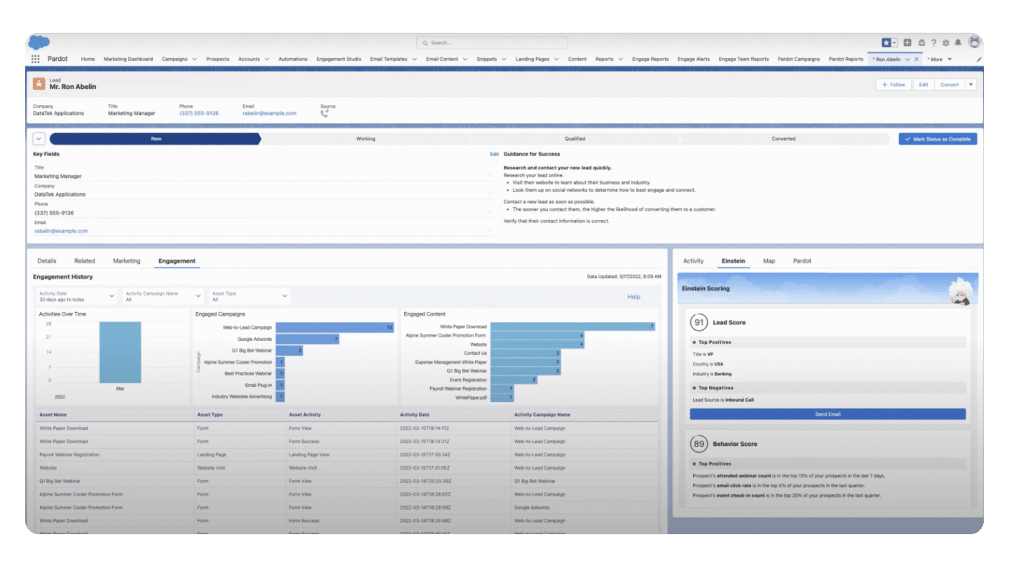Fiche d'un lead avec son score dans Marketing Cloud Account Engagement