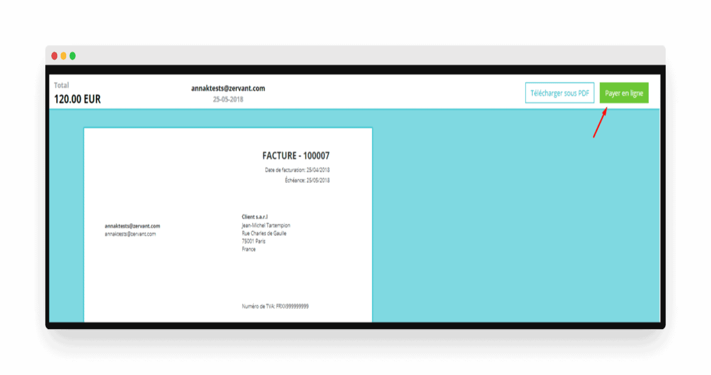 Le paiement en ligne d'une facture Zervant